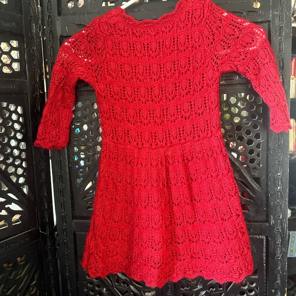 Cat & Jack Girls Red Sparkle Shimmer Crochet Knit Sweater Dress Size 5T